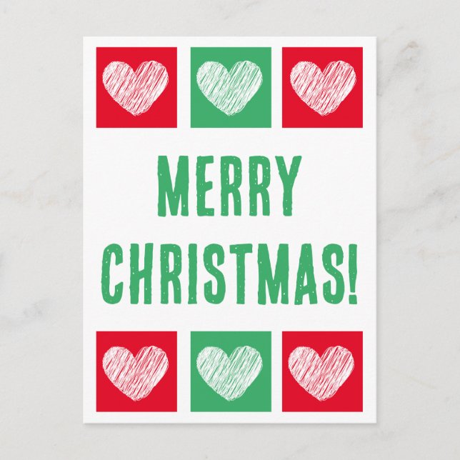 Cartes Pour Fêtes Annuelles Simple Rouge Et Vert Avec Coeurs Joyeux Noël (Devant)