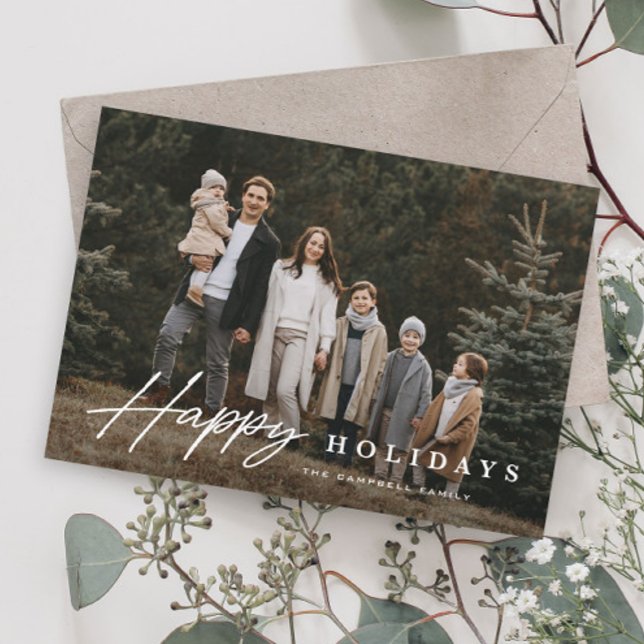 Cartes Pour Fêtes Annuelles Simple Script 3 Photo Happy (Simple Script Happy Holiday Photo Card with elegant typographic overlay.)