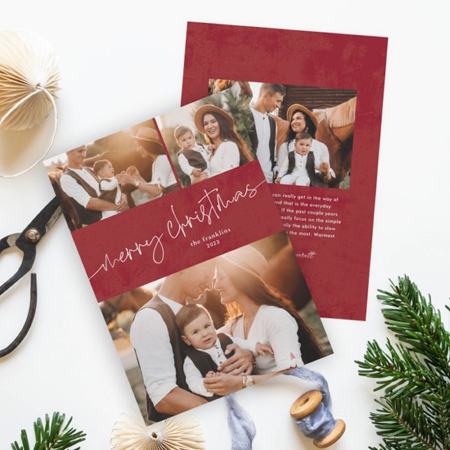 Cartes Pour Fêtes Annuelles Simple script joyeux Noël photo collage (Modern script merry christmas photo collage red holiday card.)