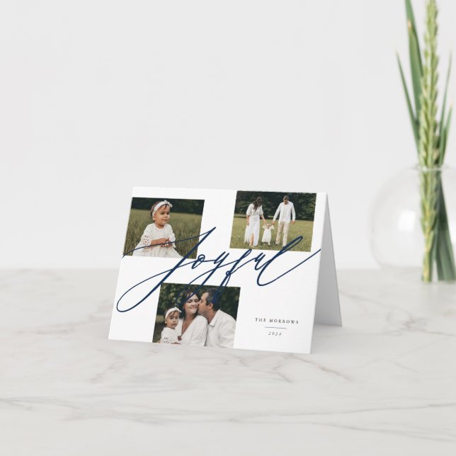 Cartes Pour Fêtes Annuelles Simple Script Joyeux Salutation Bleu Photo Plié (Devant)