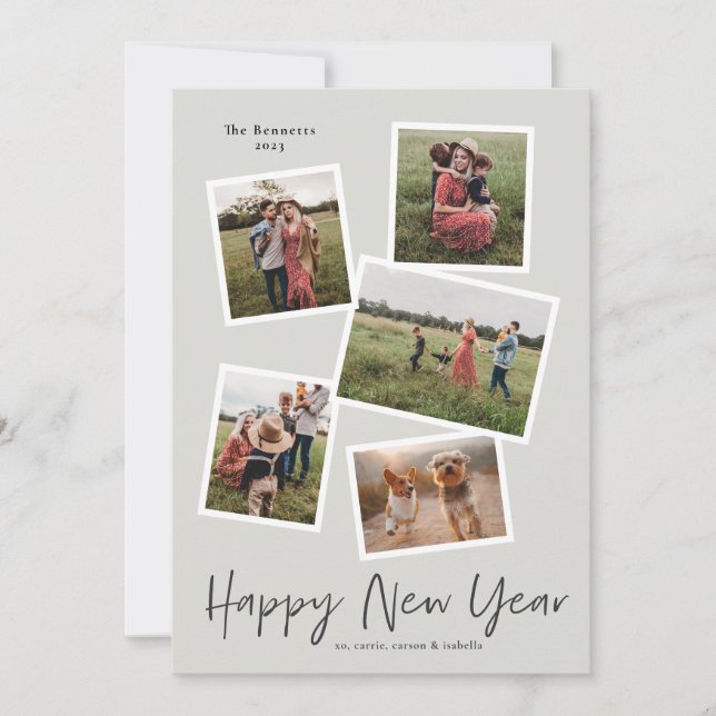 Cartes Pour Fêtes Annuelles Simple Script New Year 5 Photo Collage (Devant)