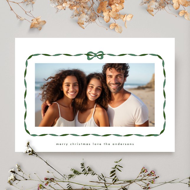 Cartes Pour Fêtes Annuelles Simple vert moderne Ribbon photo Noël (Créateur téléchargé)
