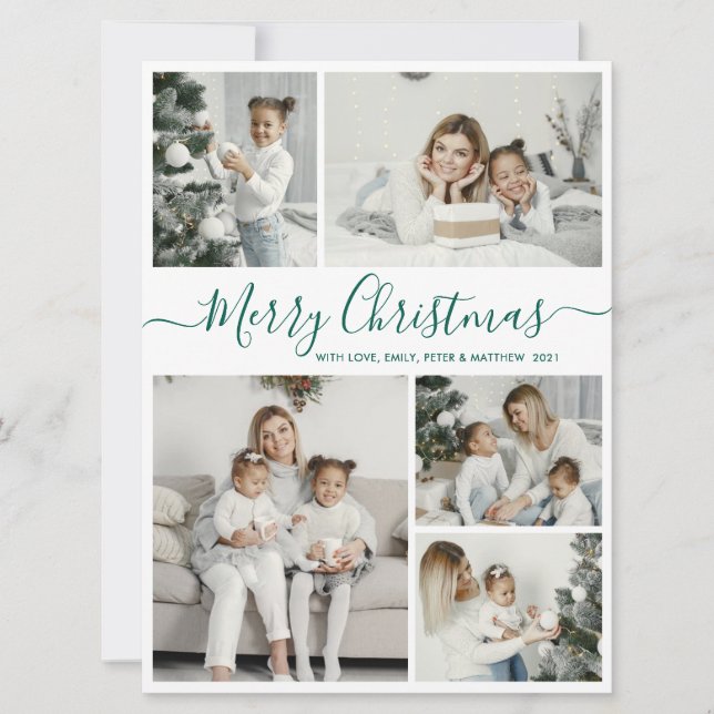 Cartes Pour Fêtes Annuelles Simple White Green 5 Photo Collage Noël (Devant)