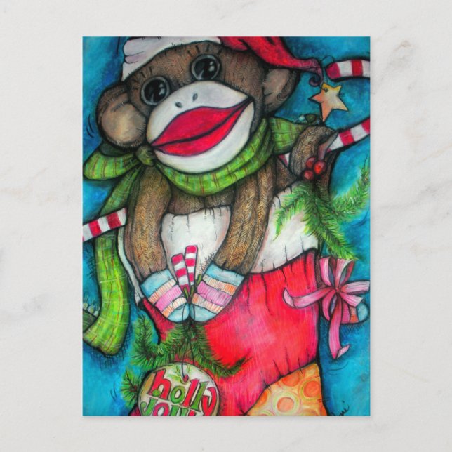 Cartes Pour Fêtes Annuelles Singe gai de chaussette de houx (Devant)