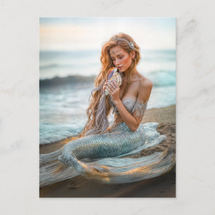 Cartes Pour Fêtes Annuelles Sirène Assis sur la plage Ocean avec coquillage
