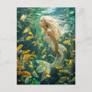 Cartes Pour Fêtes Annuelles Sirène Nage Parmi L'École De Poisson Jaune