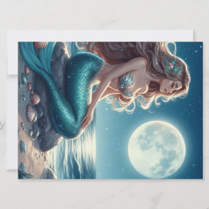 Cartes Pour Fêtes Annuelles Sirène sur la plage la nuit