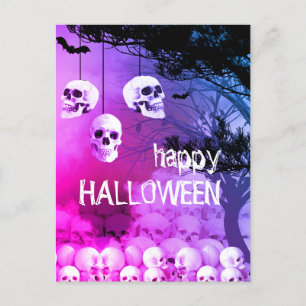 Cartes Pour Fêtes Annuelles Skeleton Joyeuse Halloween Purple Nuit Avec Crânes