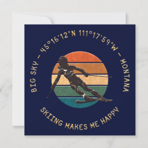 Cartes Pour Fêtes Annuelles Ski Big Sky, Montana - Femme Skier, Texte Jaune