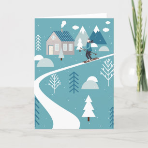 Cartes Pour Fêtes Annuelles Ski de neige d'hiver en bleu Turquoise