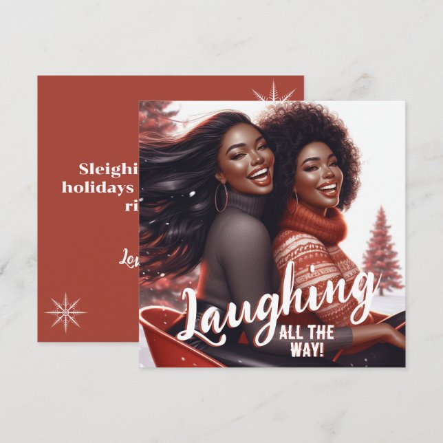 Cartes Pour Fêtes Annuelles Sleighin' Soeurs Festive Rire (Devant / Derrière)