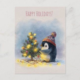 Cartes Pour Fêtes Annuelles Small penguin decorates tiny Christmas tree,