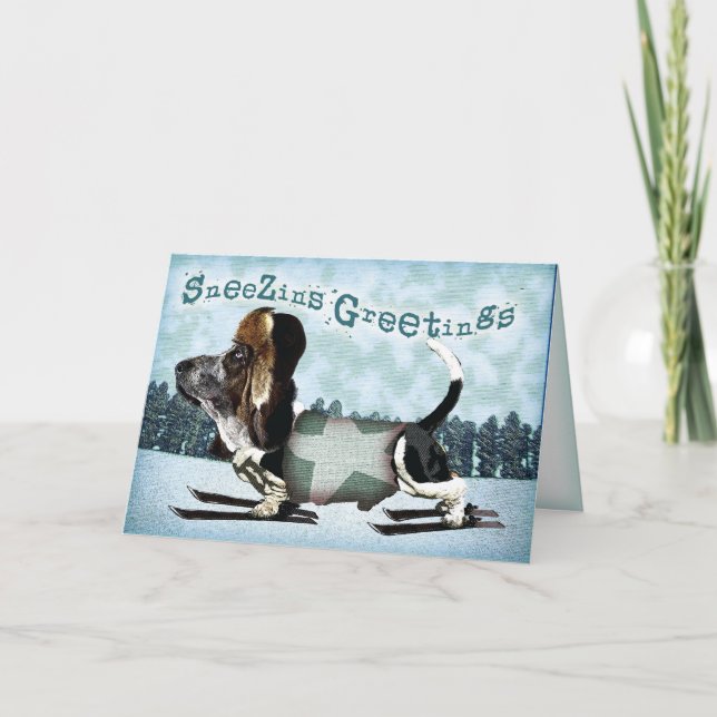 Cartes Pour Fêtes Annuelles Sneezins Salutations Basset Noël (Devant)