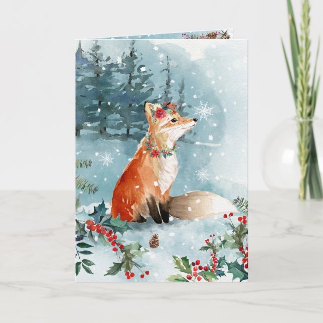 Cartes Pour Fêtes Annuelles Snow Woodland Foxes Blue Modern Floral (Devant)