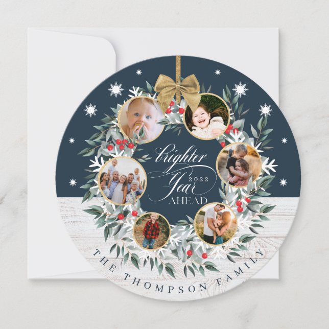 Cartes Pour Fêtes Annuelles Snowflake Photo Collage Wreath Navy & White Wood (Devant)