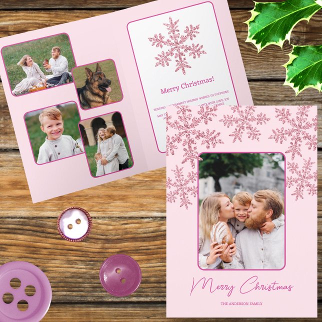 Cartes Pour Fêtes Annuelles Snowflake Pink Glam tendance Script Chic 5 Photo (Display five of your photo favorites in these faux sparkle pink snowflake folded Christmas cards)