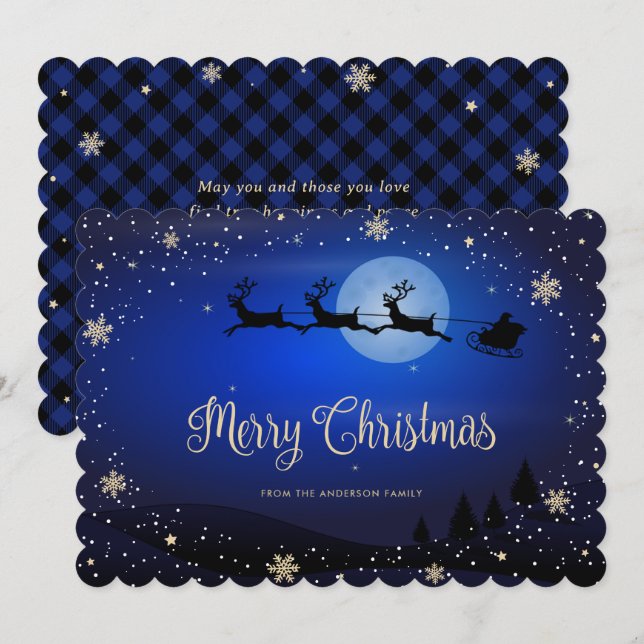Cartes Pour Fêtes Annuelles Snowflake Plaid Bleu Reindeer Père Noël (Devant / Derrière)