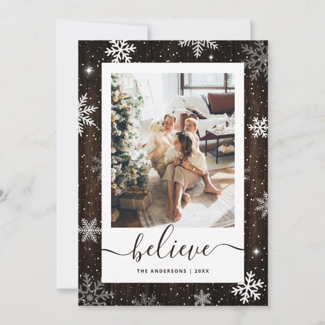 Cartes Pour Fêtes Annuelles Snowflake Rustique Bois Photo Croire (Devant)