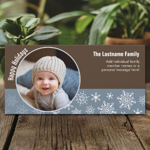 Cartes Pour Fêtes Annuelles Snowflakes avec photo circulaire - bleu et marron