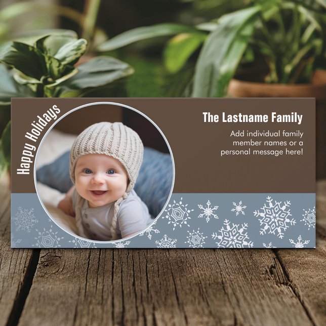 Cartes Pour Fêtes Annuelles Snowflakes avec photo circulaire - bleu et marron (Custom Holiday Photo Card)