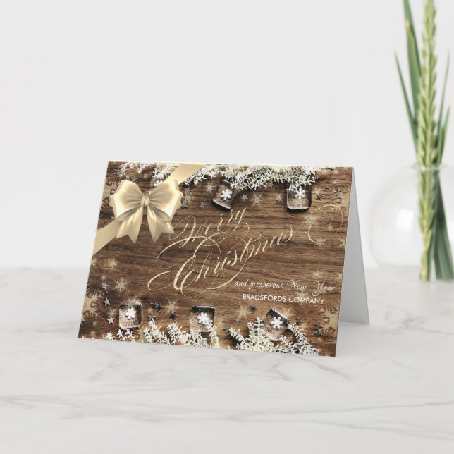 Cartes Pour Fêtes Annuelles Snowflakes, Bow, Wood, Noël Accueil d'entreprise (Devant)