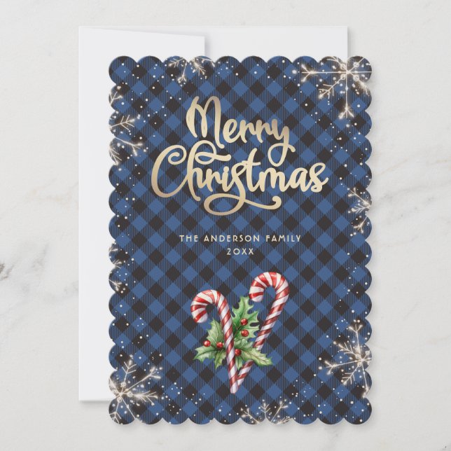 Cartes Pour Fêtes Annuelles Snowflakes Candy Cane Blue Plaid Christmas Card (Devant)