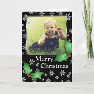 Cartes Pour Fêtes Annuelles Snowflakes et Holly sur Black Photo personnalisée
