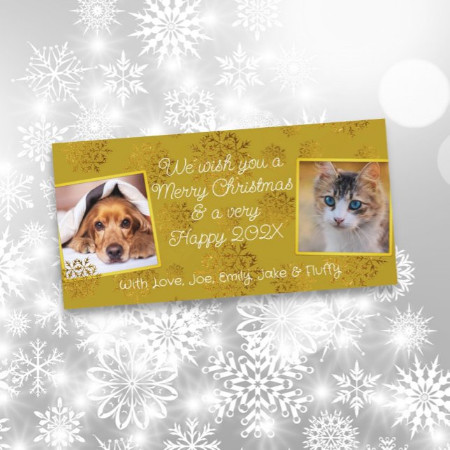 Cartes Pour Fêtes Annuelles Snowflakes Gold Deux photos horizontales (Créateur téléchargé)