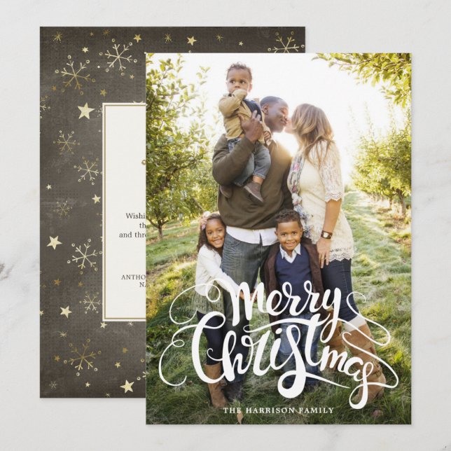 Cartes Pour Fêtes Annuelles Snowflakes Gold Full Photo moderne Message d'étoil (Devant / Derrière)