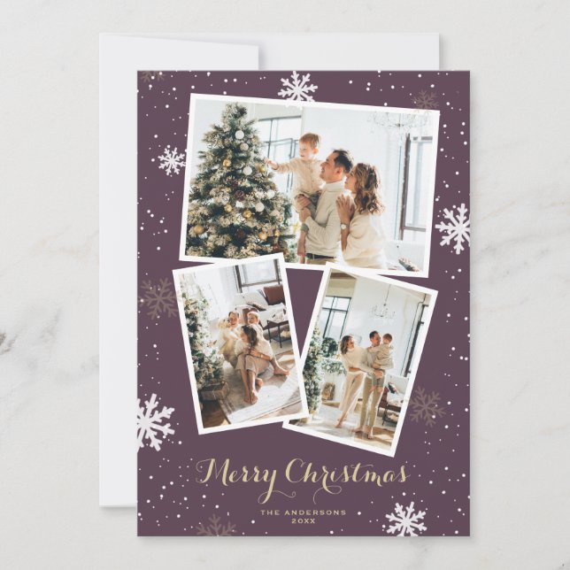 Cartes Pour Fêtes Annuelles Snowflakes Photo Collage Purple Joyeux Noël (Devant)