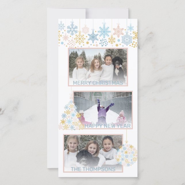 Cartes Pour Fêtes Annuelles Snowflakes Pink Blue Gold Collage PHOTO (Devant)