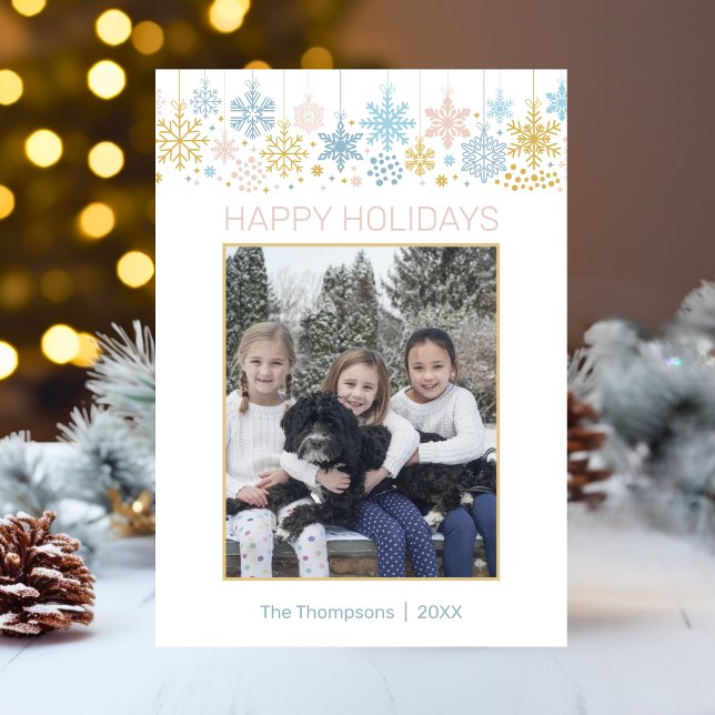 Cartes Pour Fêtes Annuelles Snowflakes Pink Blue Gold Photo de Noël (Modern Snowflakes Pink Blue Gold Christmas PHOTO Holiday Card)