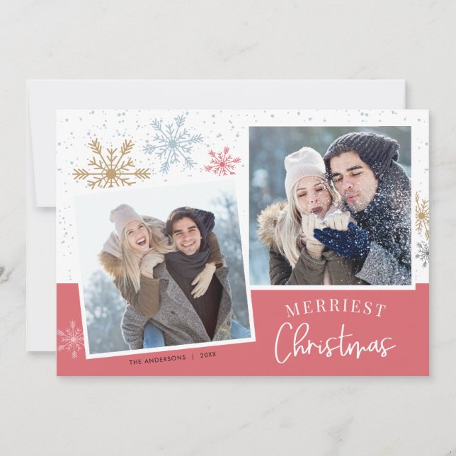 Cartes Pour Fêtes Annuelles Snowflakes Pink Gold 2 Photos Noël (Devant)