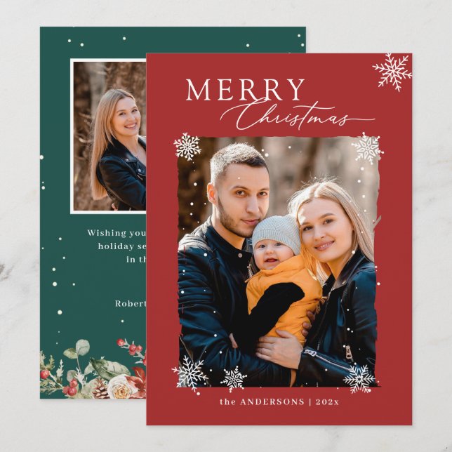 Cartes Pour Fêtes Annuelles Snowflakes Red Green Joyeux Noël Photo (Devant / Derrière)