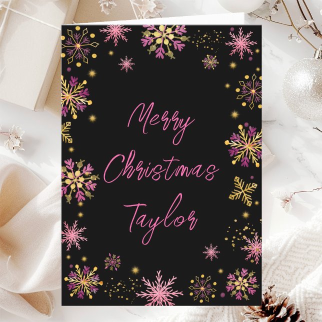 Cartes Pour Fêtes Annuelles Snowflakes rose or Joyeux Noël avec nom (Créateur téléchargé)