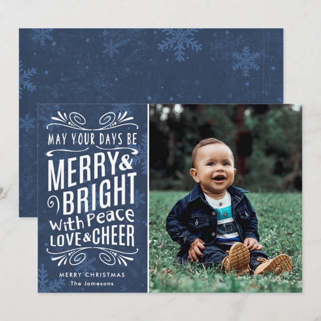 Cartes Pour Fêtes Annuelles Snowflakes rustiques Joyeux et bleu clair | Photo (Devant / Derrière)