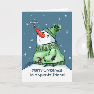 Cartes Pour Fêtes Annuelles Snowman avec flocon de neige sur le nez
