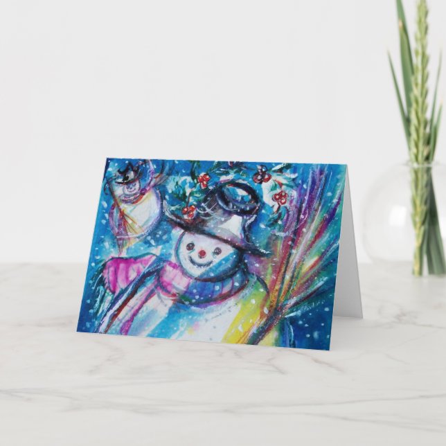 Cartes Pour Fêtes Annuelles SNOWMAN AVEC OWL EN HIVER Noël Salutations (Devant)