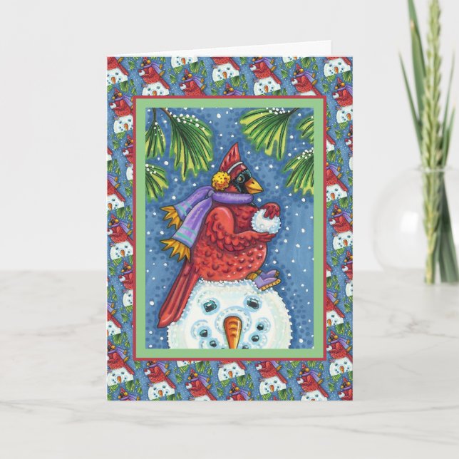 CARTES POUR FÊTES ANNUELLES SNOWMAN BODYGUARD, CHRISTMAS CARDINAL REDBIRD (Devant)