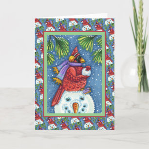 CARTES POUR FÊTES ANNUELLES SNOWMAN BODYGUARD, CHRISTMAS CARDINAL REDBIRD