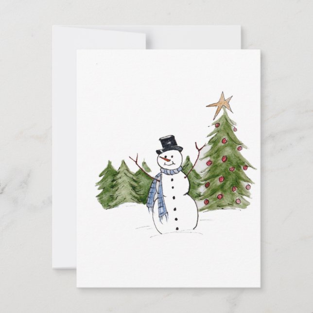 Cartes Pour Fêtes Annuelles Snowman dans les pins accueille la saison (Devant)