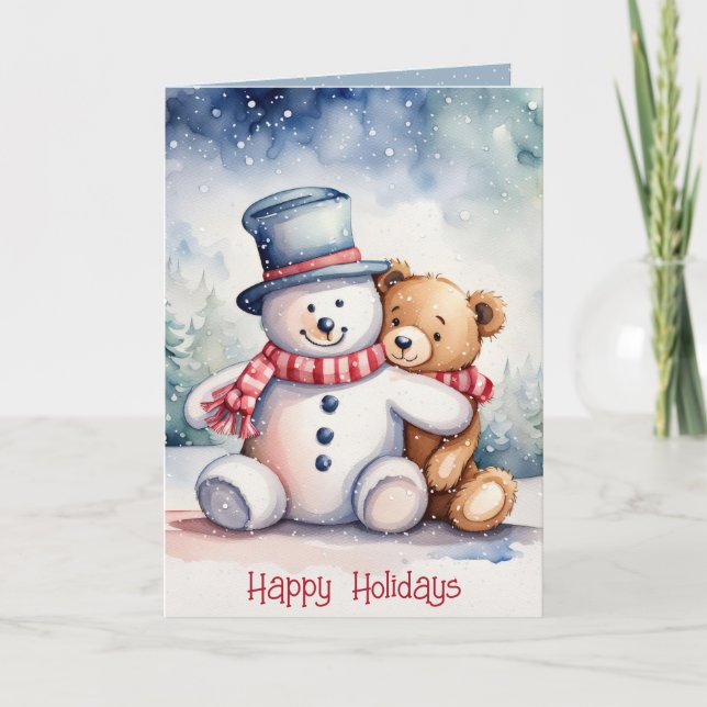Cartes Pour Fêtes Annuelles Snowman De Noël Et Ours En Teddy (Devant)