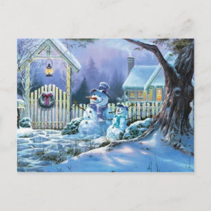 Cartes Pour Fêtes Annuelles Snowman D'Hiver Devant Un Cottage De Noël
