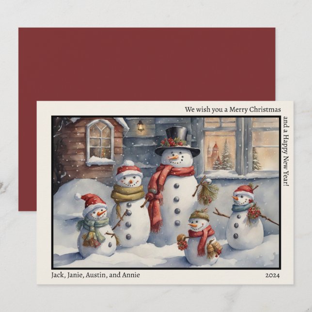 Cartes Pour Fêtes Annuelles Snowman Famille Joyeux Noël Bonne année (Devant / Derrière)