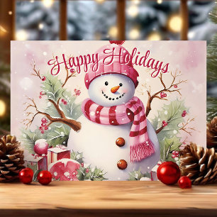Cartes Pour Fêtes Annuelles Snowman gai en Écarf rose