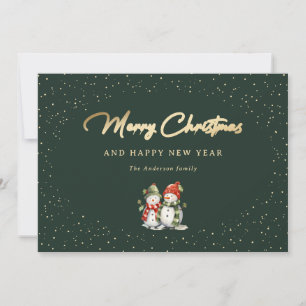 Cartes Pour Fêtes Annuelles Snowman Green Gold Snow Typographie