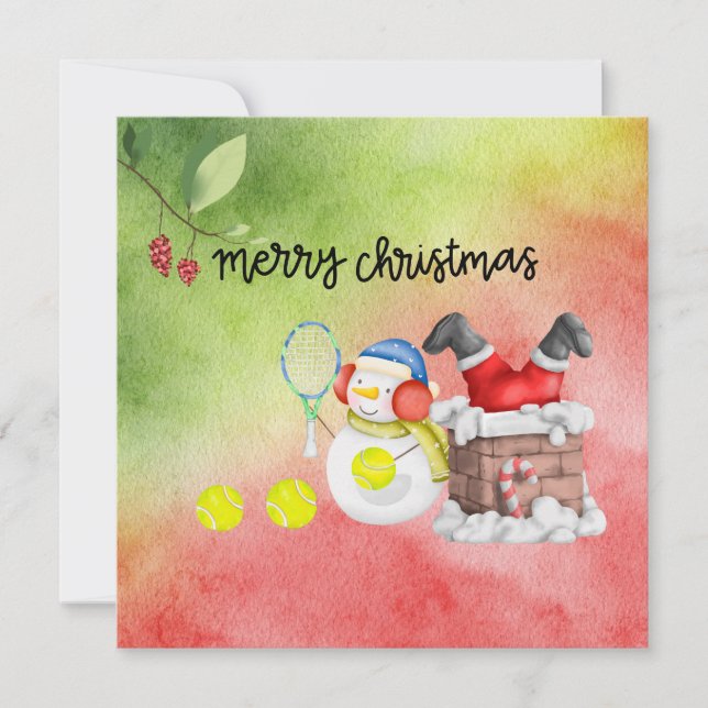 Cartes Pour Fêtes Annuelles Snowman jouer tennis Noël aquarelle (Devant)
