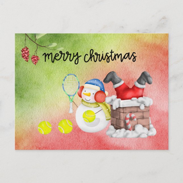 Cartes Pour Fêtes Annuelles Snowman jouer tennis Noël aquarelle Holi (Devant)