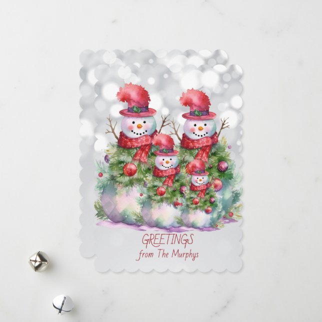 Cartes Pour Fêtes Annuelles Snowman Salutations du nom de famille (Devant/Arrière en situation)