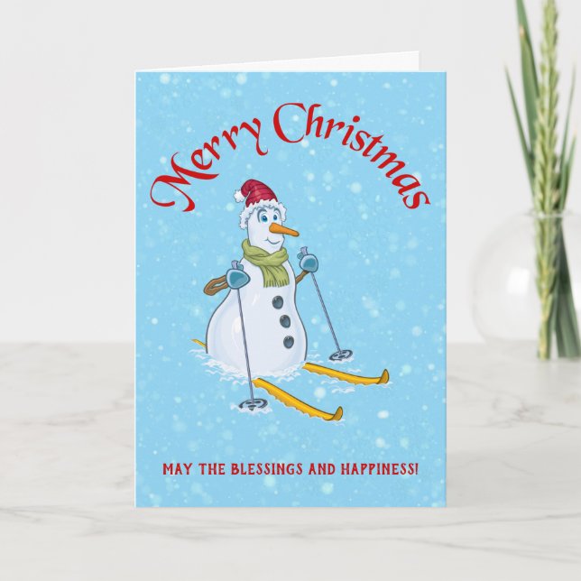 Cartes Pour Fêtes Annuelles Snowman sur Ski (Devant)